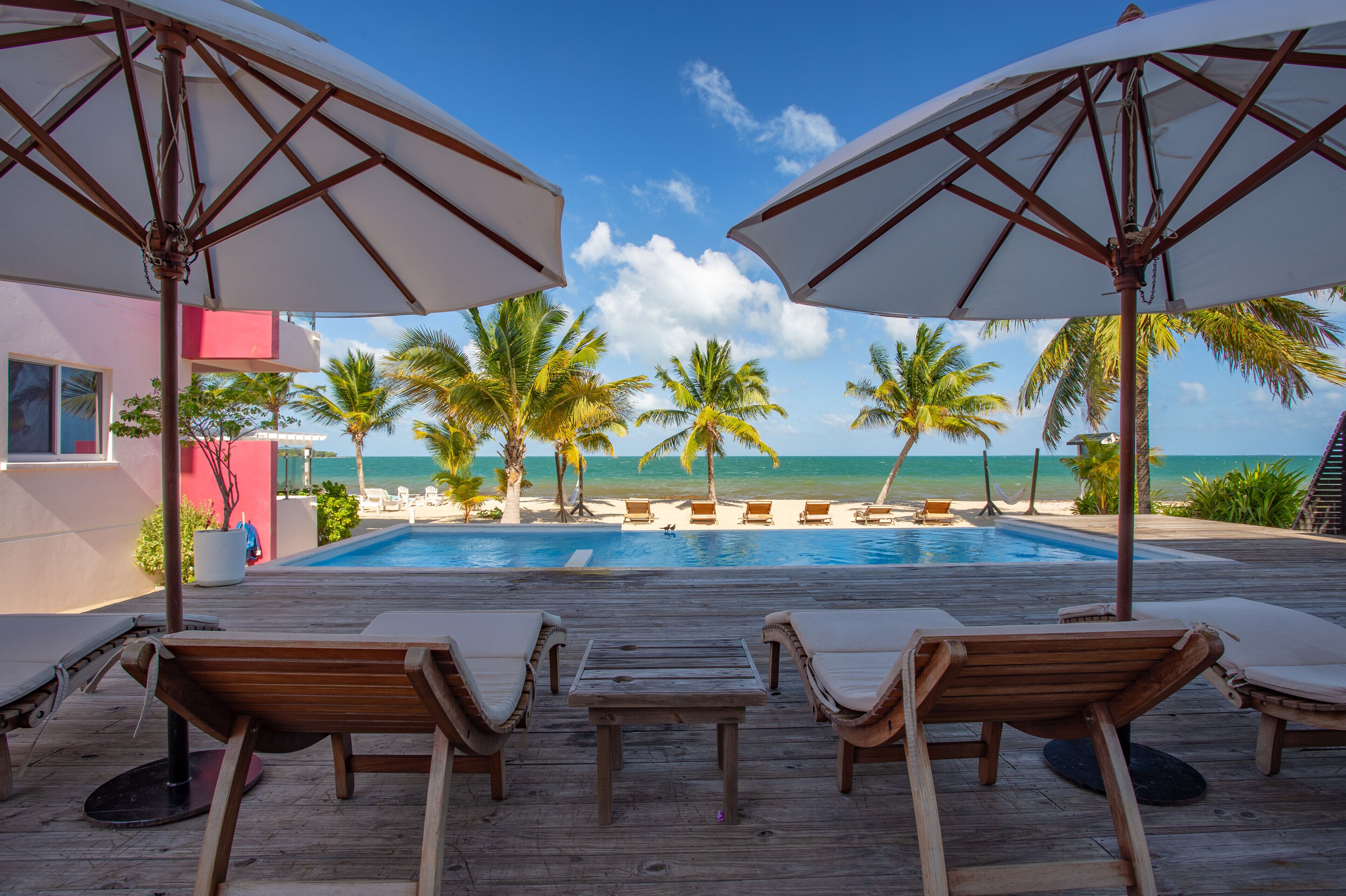 Una piscina al aire libre, sombrillas, sillones reclinables de piscina