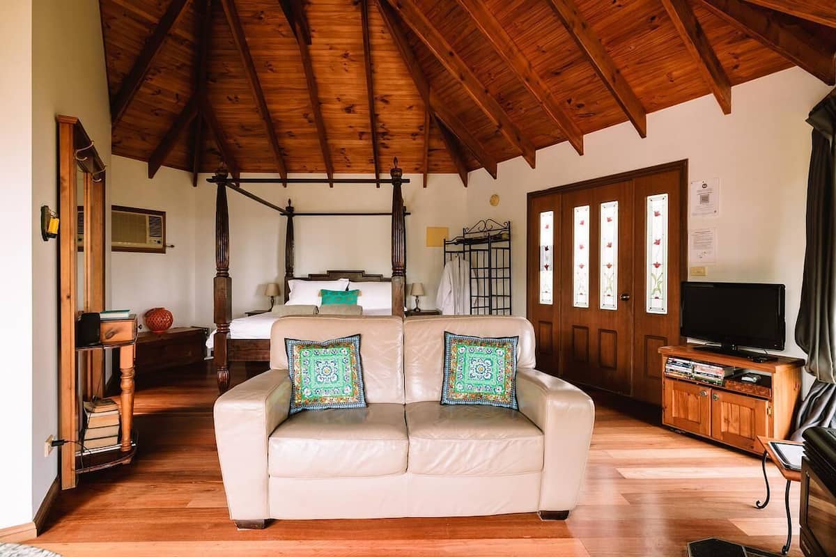 A cozy room with a wooden ceiling, a white leather sofa with patterned cushions, a bed with a canopy, a television, and a wooden cabinet with books.