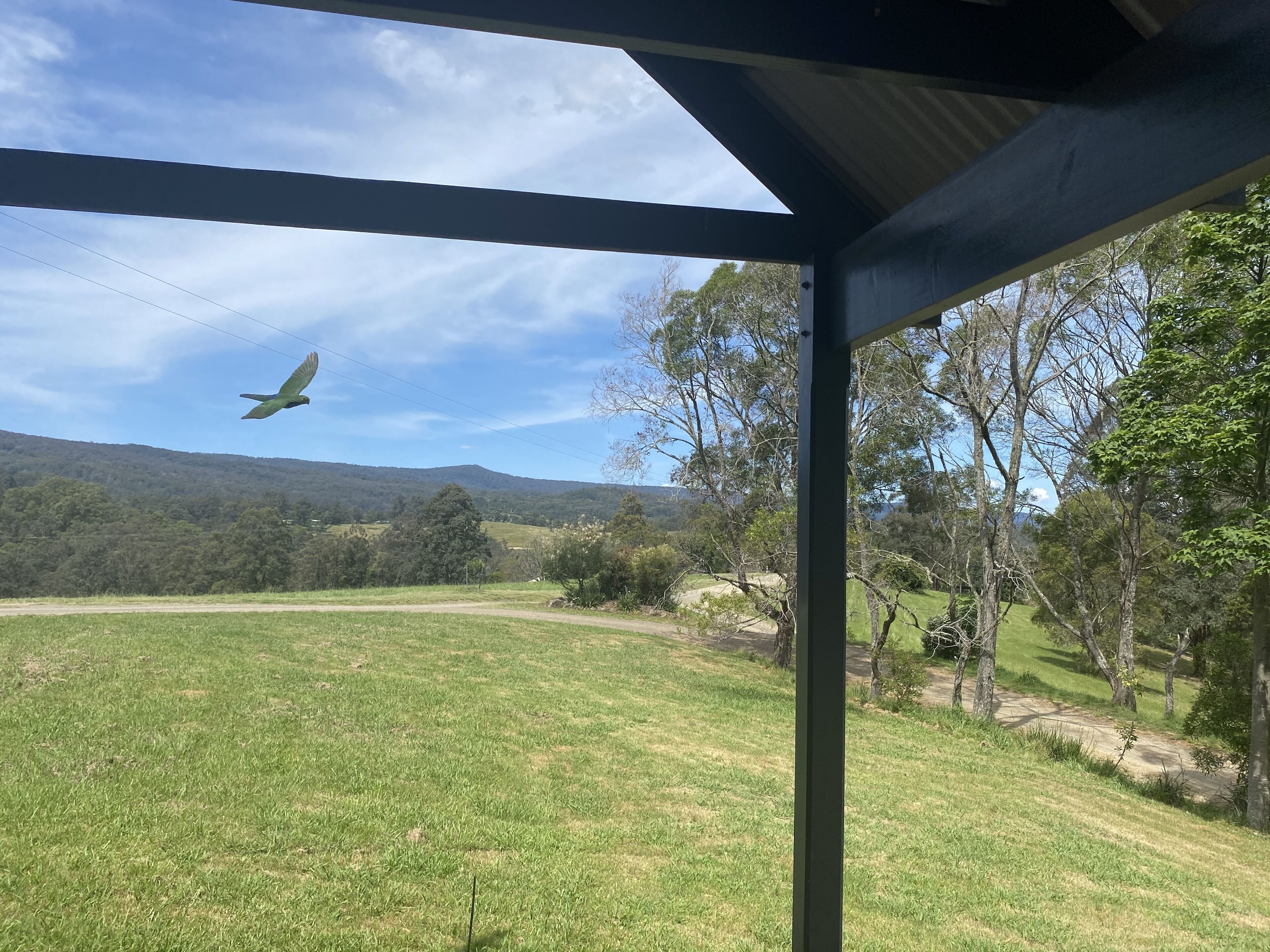A covered outdoor area with a view of a grassy field and trees.