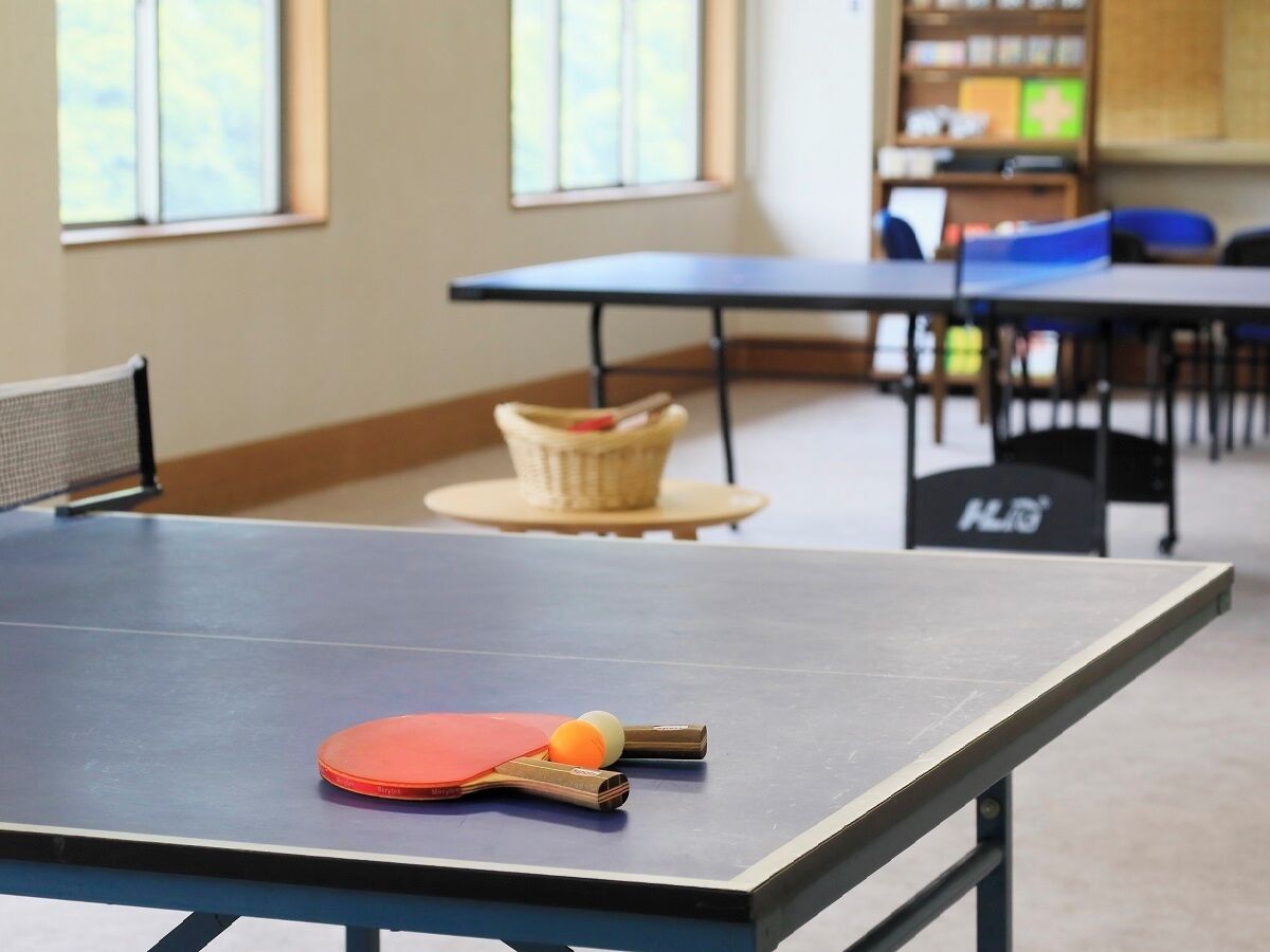 A table tennis table with a paddle and ball, a wicker chair, and a blue chair in a room with windows and a bookshelf.
