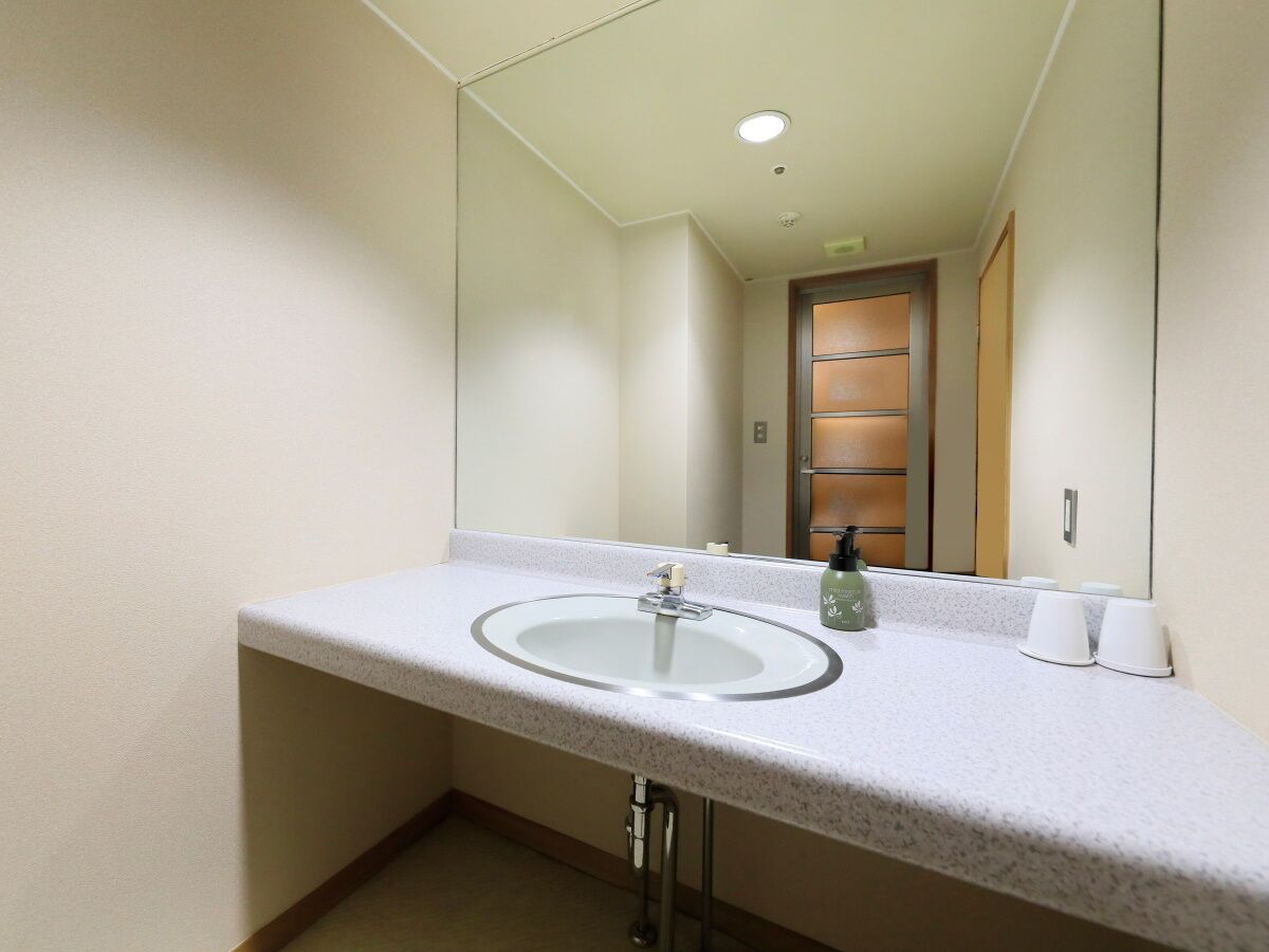 A bathroom with a round sink, a mirror, and a door in the background.