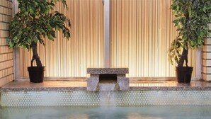 A serene indoor pool area with a stone bench and two potted plants. - Bousou Shirahama Umisato Hotel (Minamiboso)