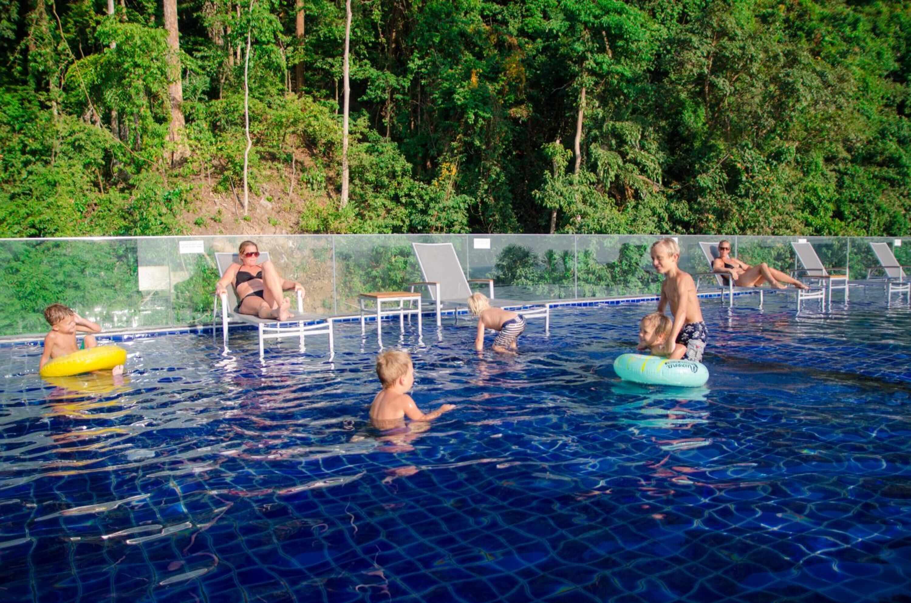 En swimmingpool med väggar av genomskinligt glas, omgiven av solstolar och en skogbeklädd sluttning.