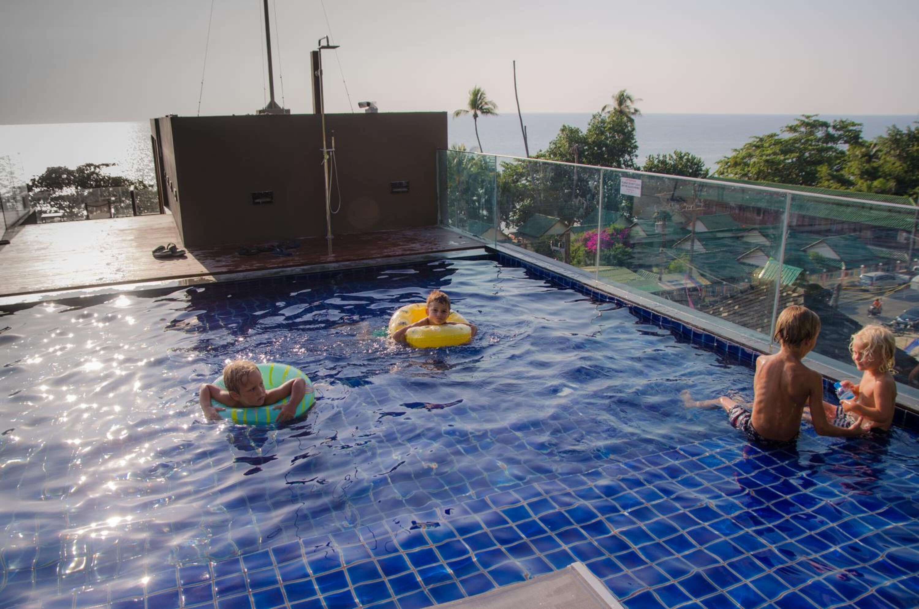 Outdoor pool, pool umbrellas, pool loungers