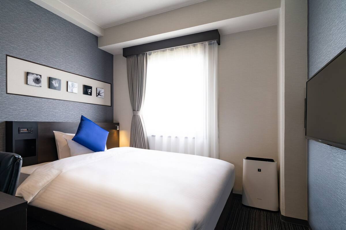 A hotel room with a bed, a desk, a chair, a TV, a window with curtains, and framed pictures on the wall.