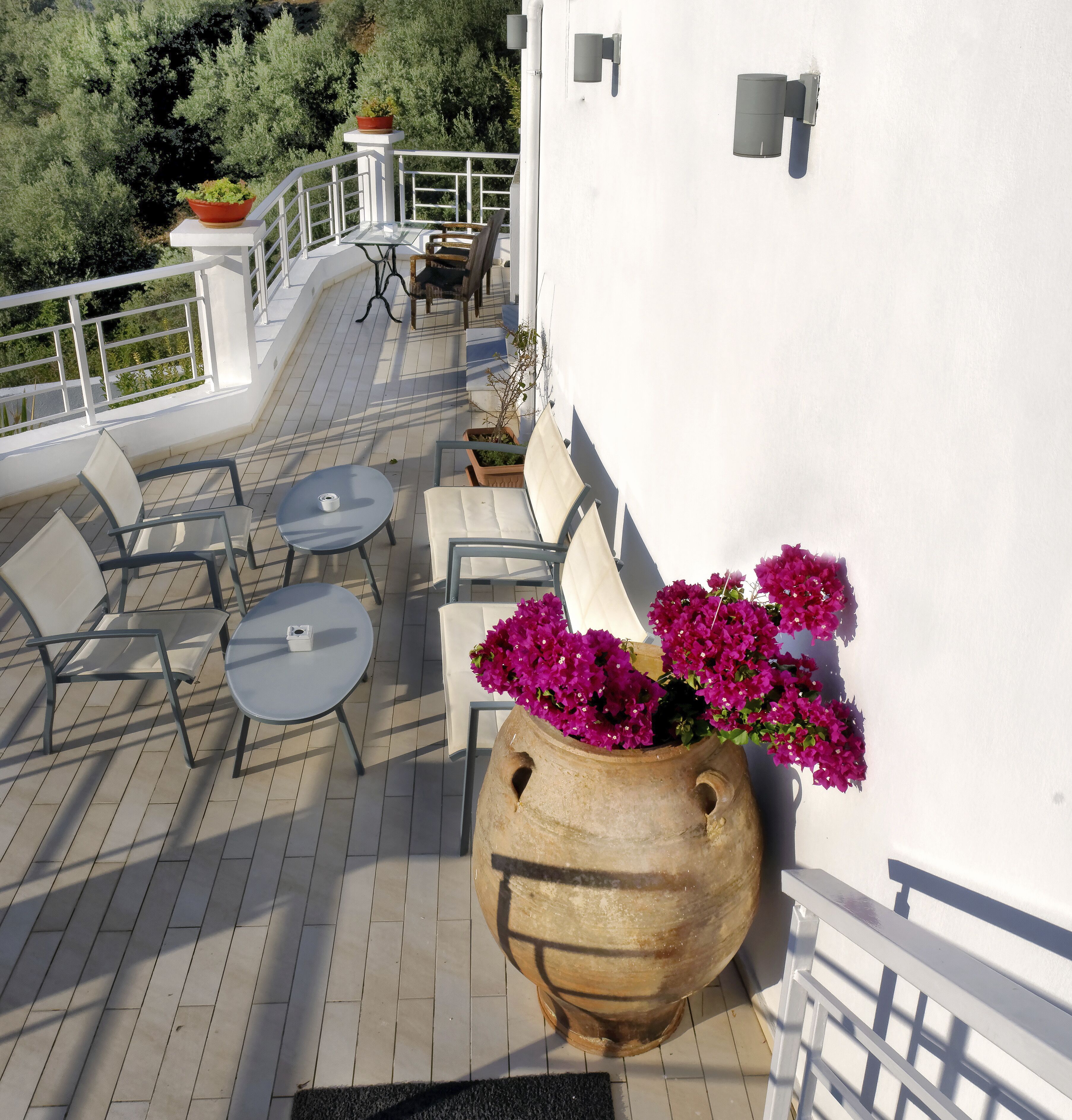 A terrace with outdoor seating, a large pot of flowers, and a railing.