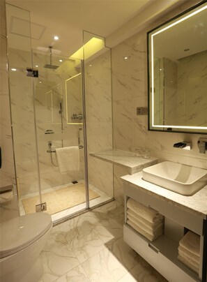 Habitación Business doble | Baño | Artículos de higiene personal gratuitos, secador de pelo y albornoces