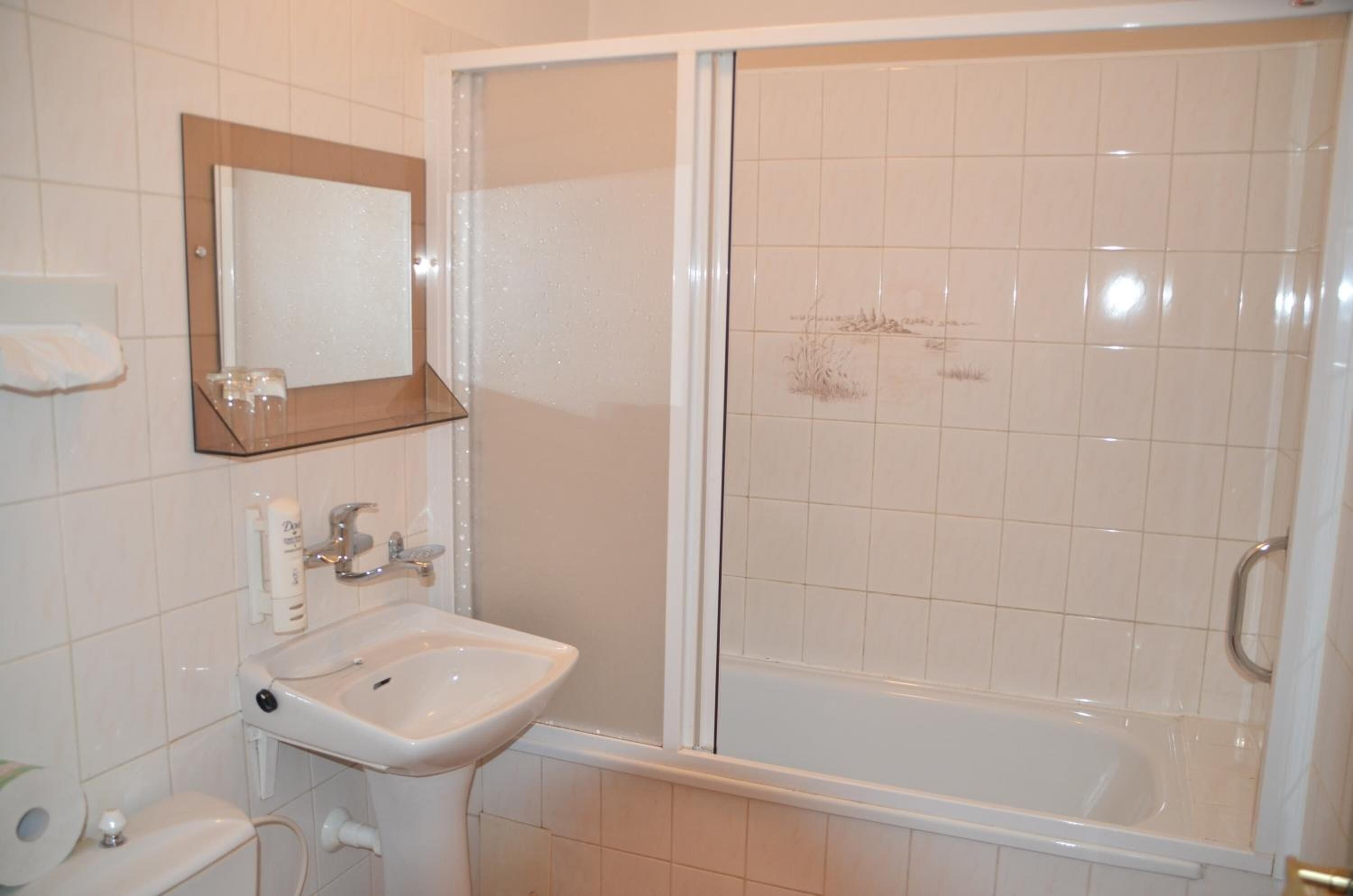 bathtub, free toiletries, towels