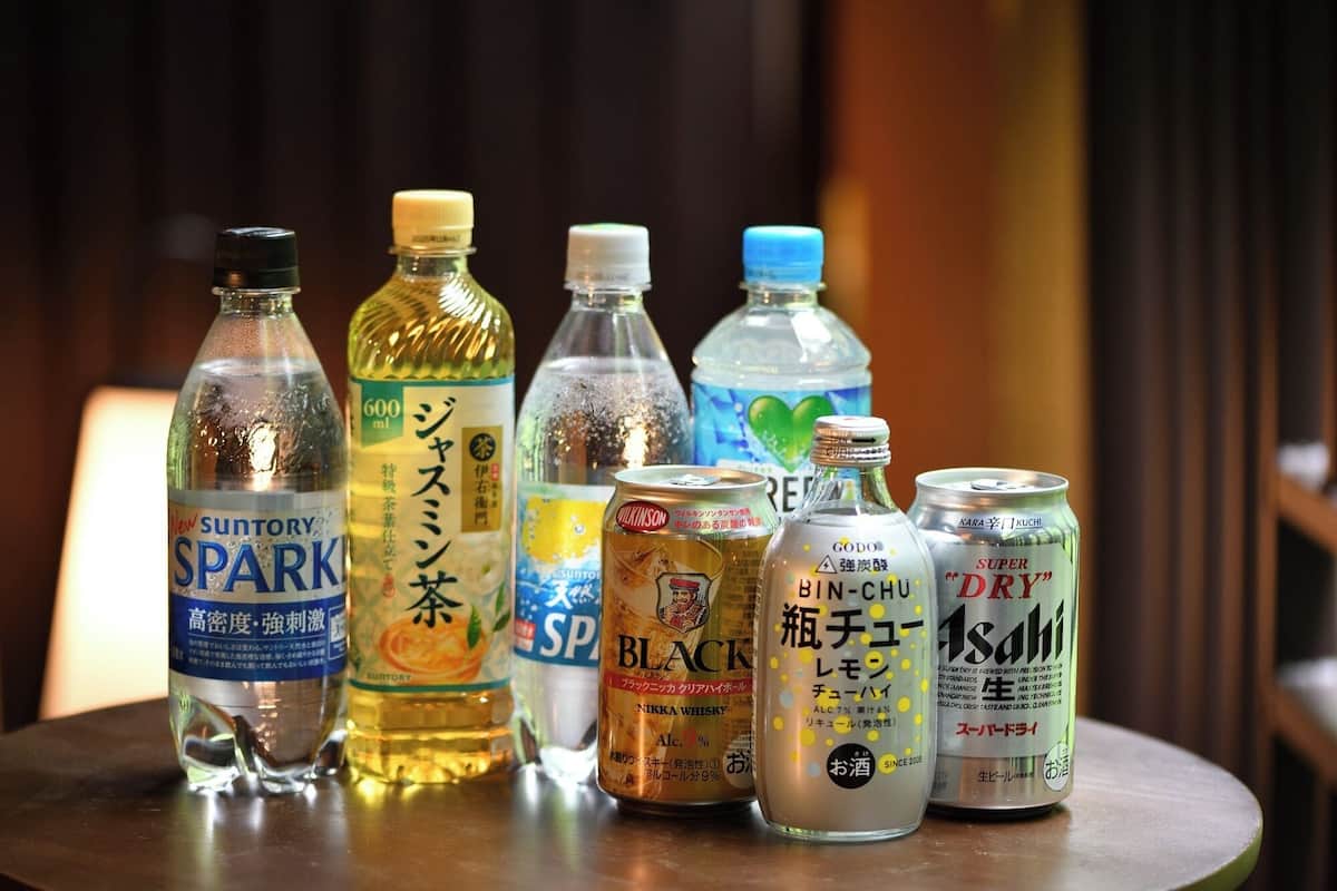 A selection of beverages on a table.