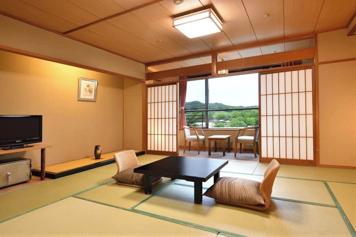 A traditional Japanese room with tatami flooring, a low table, cushions, a television, and a sliding door with a view of greenery.