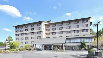 Stunning hotel building with a symmetrical facade and central entrance, featuring evenly spaced windows and a flat roof.