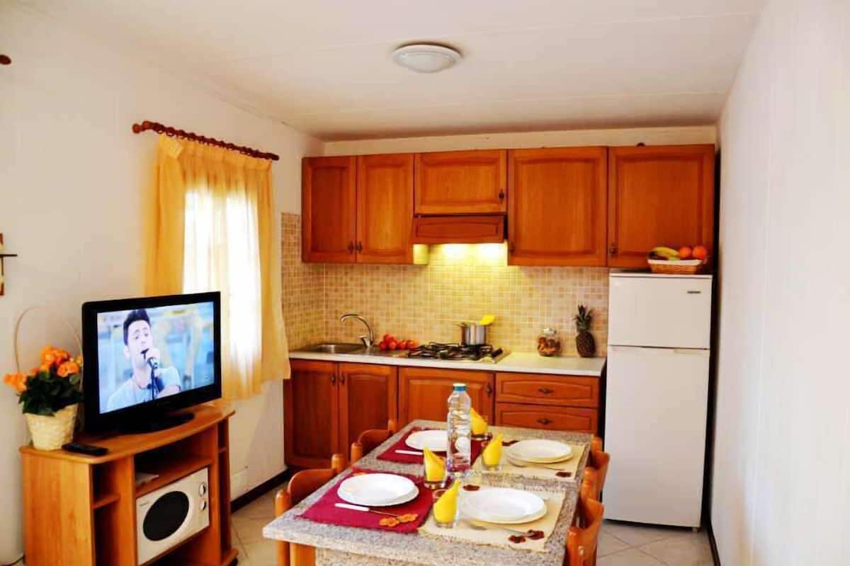 Fridge, microwave, stovetop