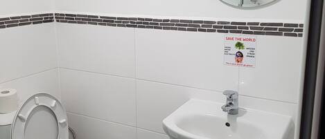 A bathroom with a toilet, sink, and mirror.