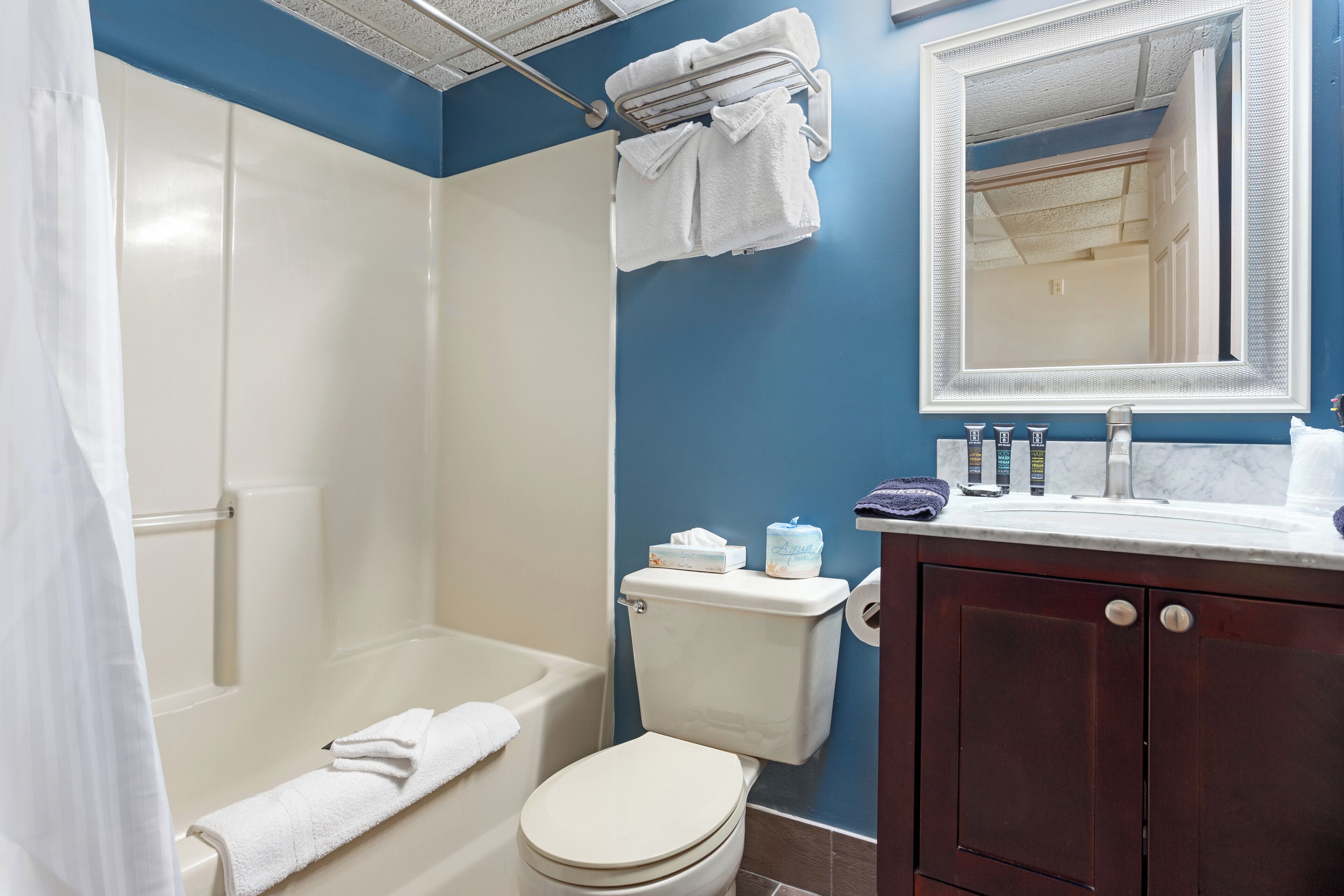 comfort room, 2 queen beds (partial ocean view) | bathroom | combined shower/bathtub, free toiletries, hair dryer, towels