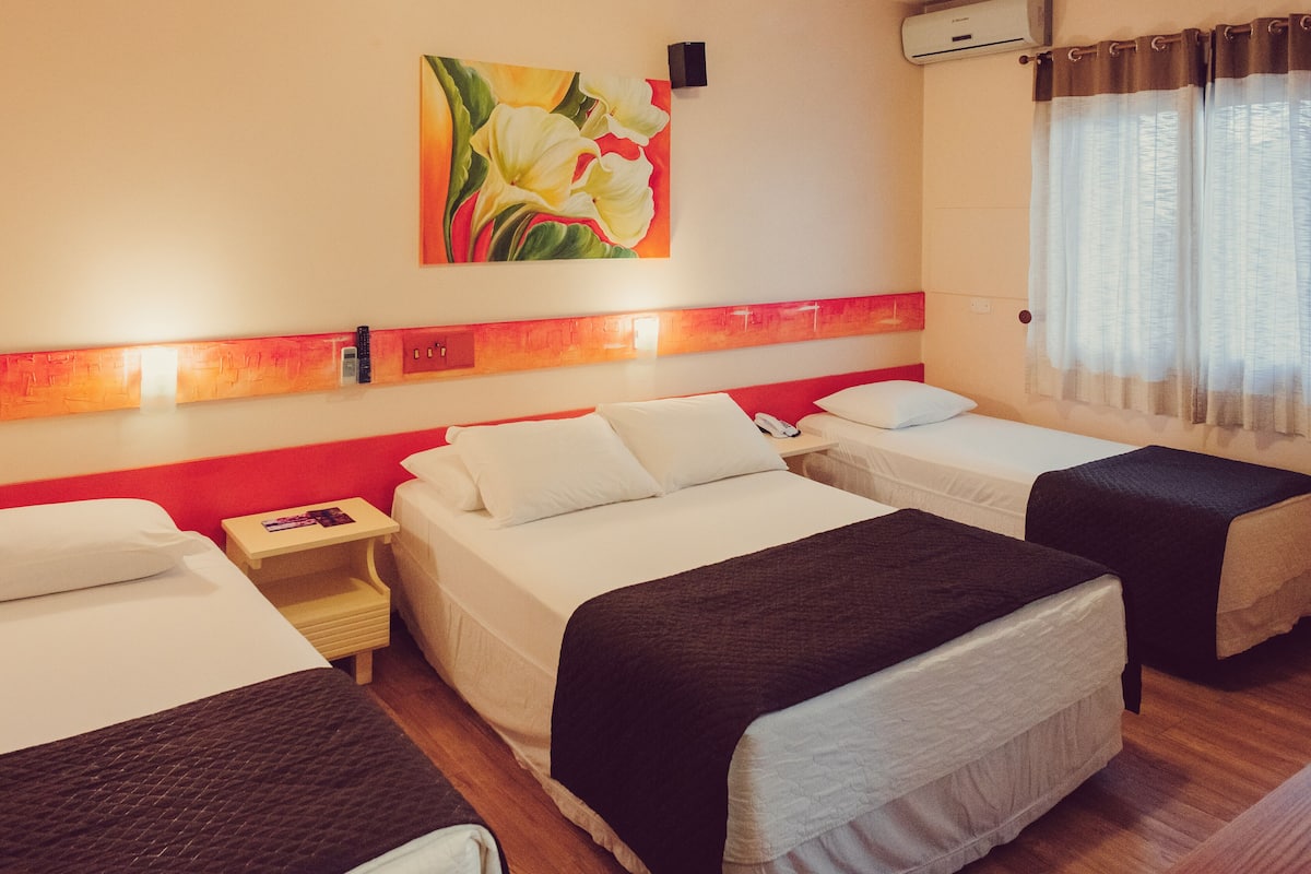 Habitación de hotel con dos camas, una mesita de noche, aire acondicionado instalado en la pared y un cuadro con flores.