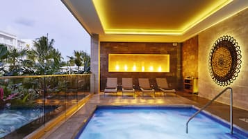Hot tub, steam room, body treatments, beach massages, facials