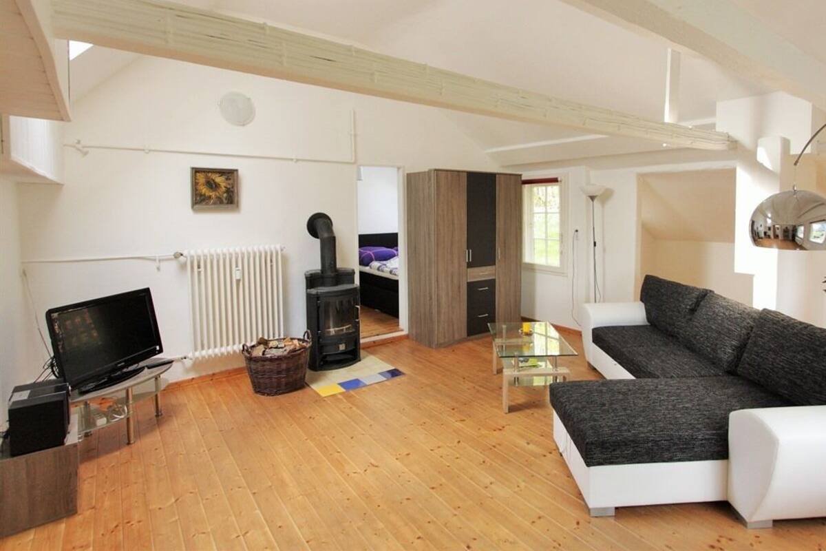 A spacious living area with a sofa, a television, a fireplace, and a dining table.