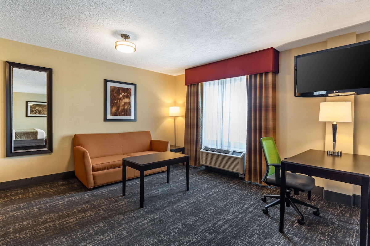 A hotel room with a sofa, a desk, a chair, a flat-screen TV, a lamp, and a window with curtains.