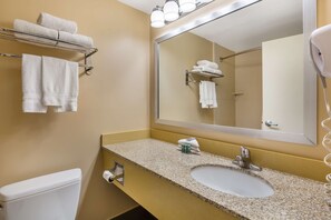 Shower, free toiletries, hair dryer, towels