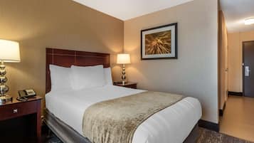 Habitación de hotel con una cama grande, una mesita de noche con lámpara, un teléfono y un cuadro en la pared.
