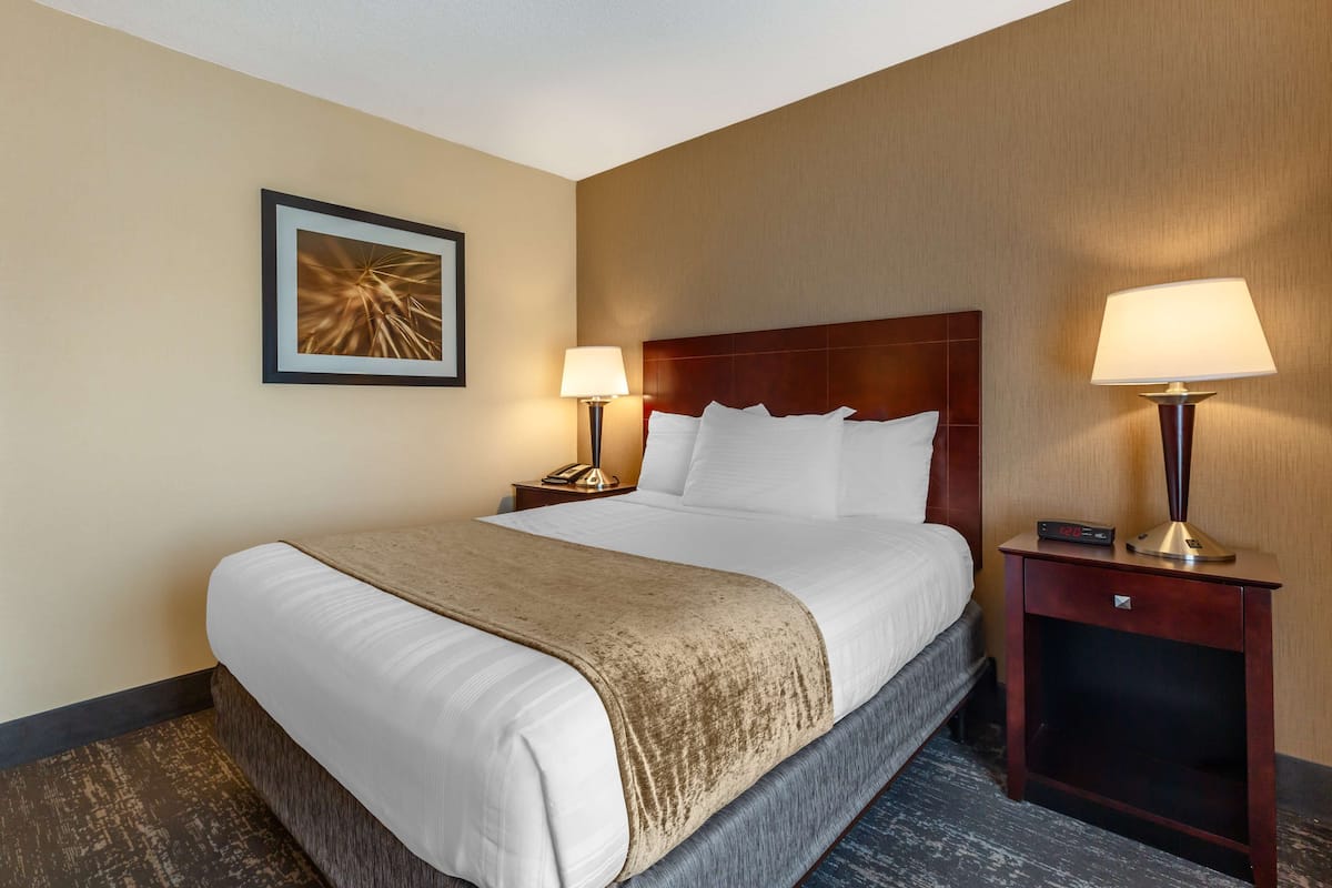A hotel room with a large bed, two bedside tables with lamps, a framed picture on the wall, and a clock on one of the tables.
