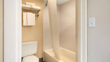 A bathroom with a toilet, a bathtub, and a shower curtain.