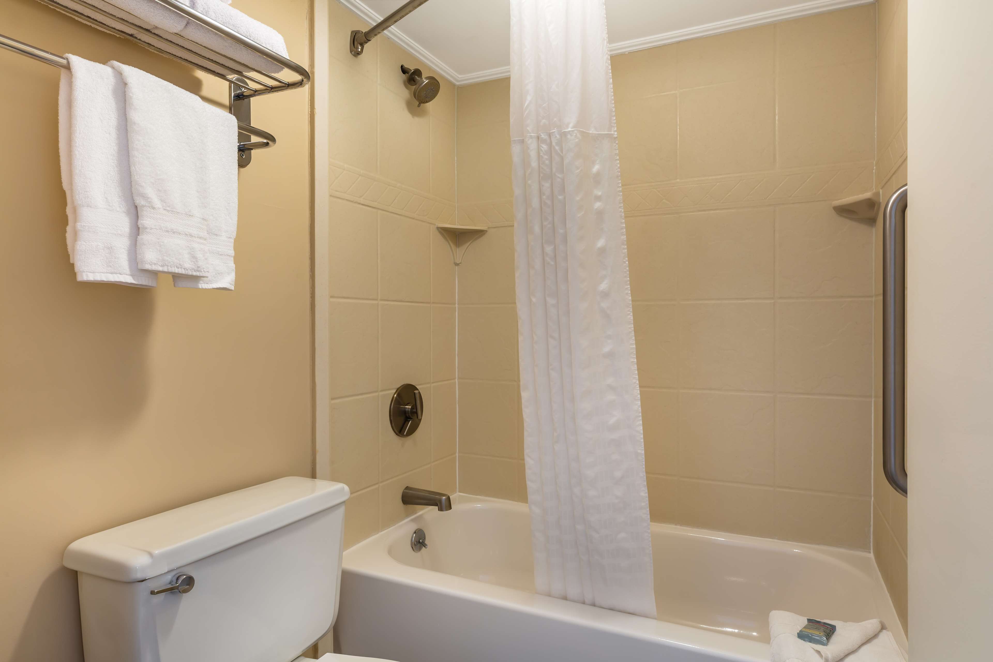 Ein Badezimmer mit Toilette, Badewanne und Duschvorhang.
