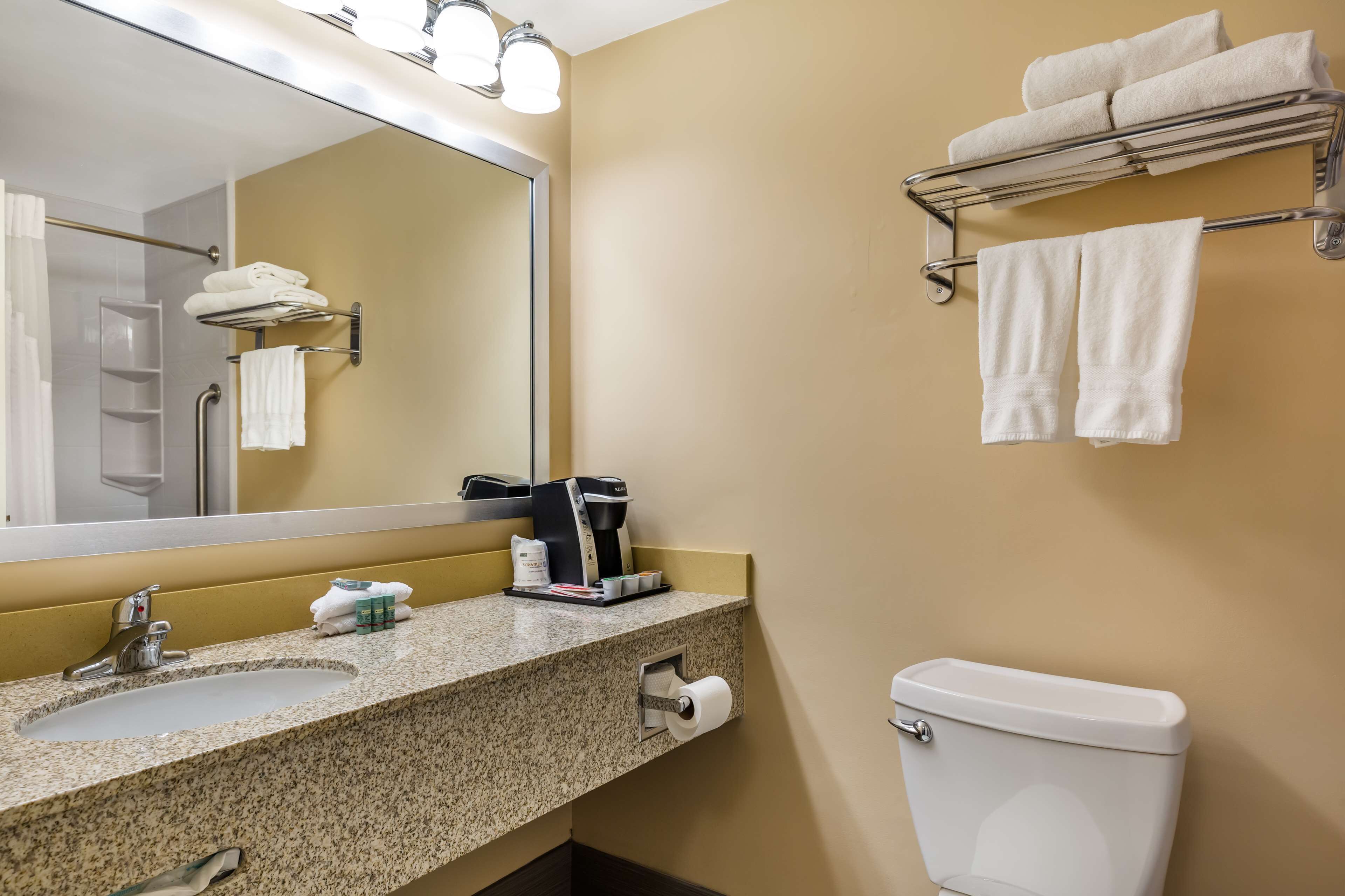 A bathroom with a granite sink, a mirror, a toilet, and towel racks.