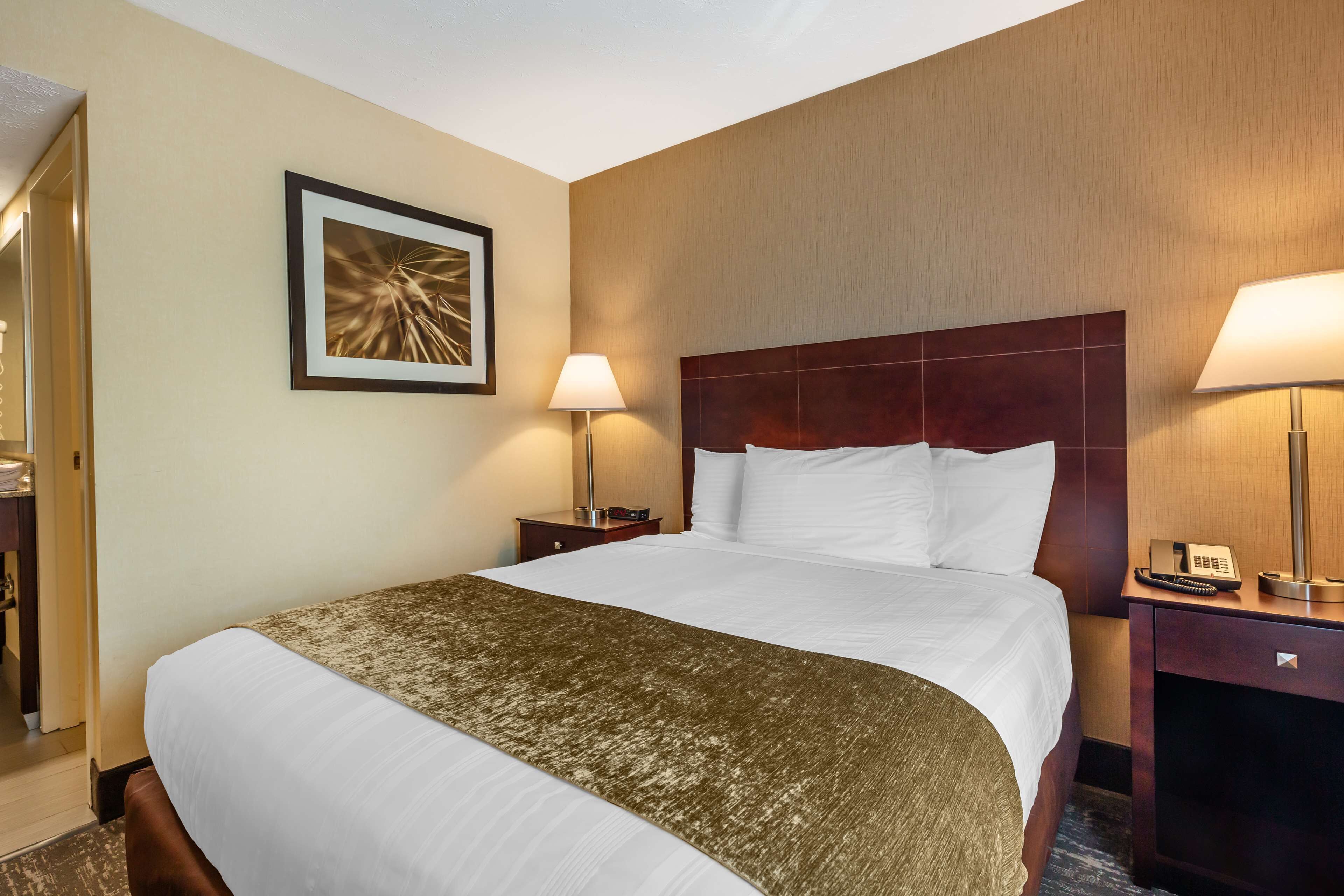A hotel room with a large bed, two bedside tables, a framed picture on the wall, and a lamp on each table.