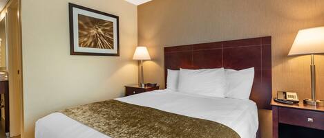 A hotel room with a large bed, two bedside tables, a framed picture on the wall, and a lamp on each table.