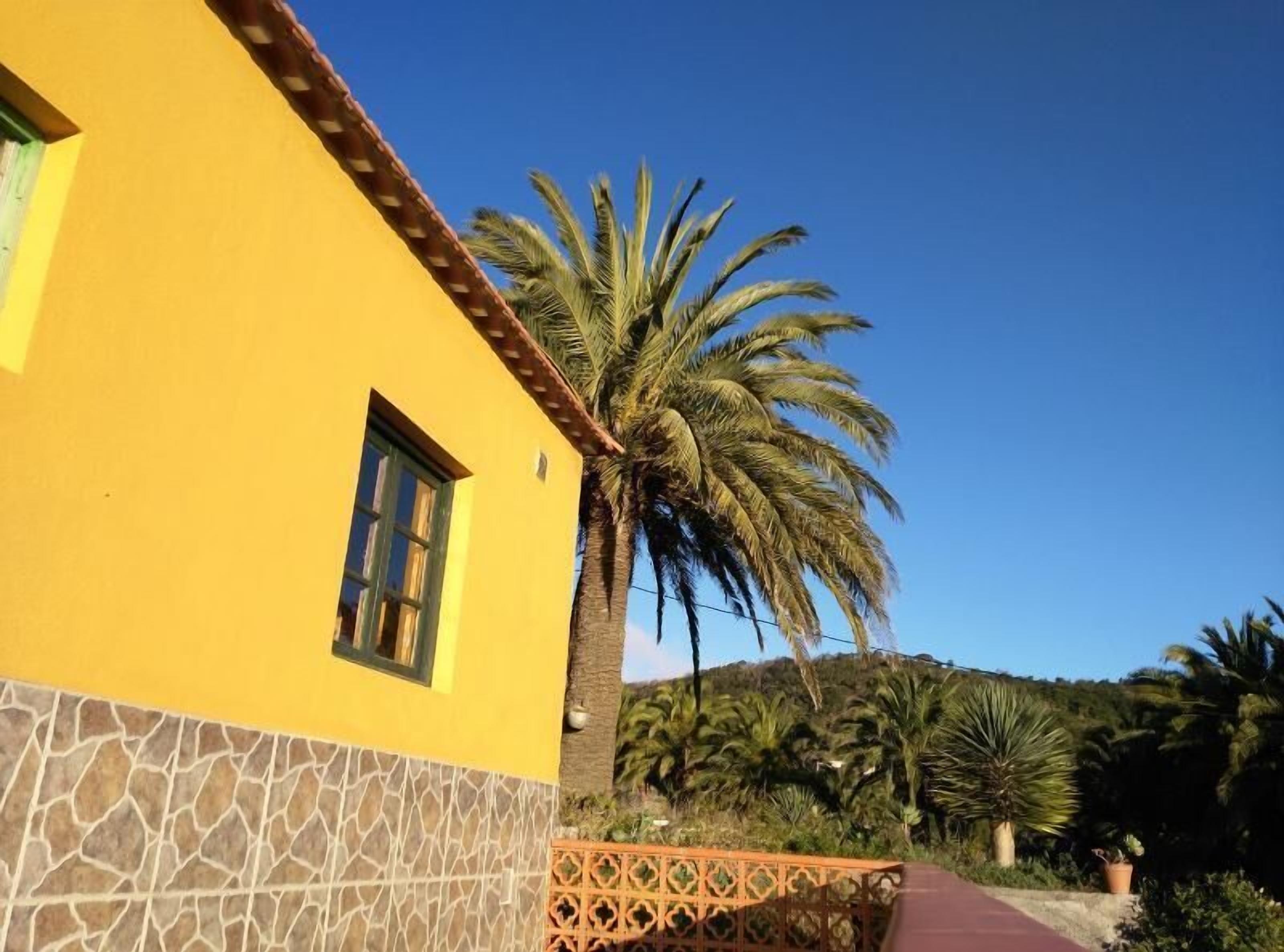 A yellow building with a stone base, a palm tree, and a hillside in the background.