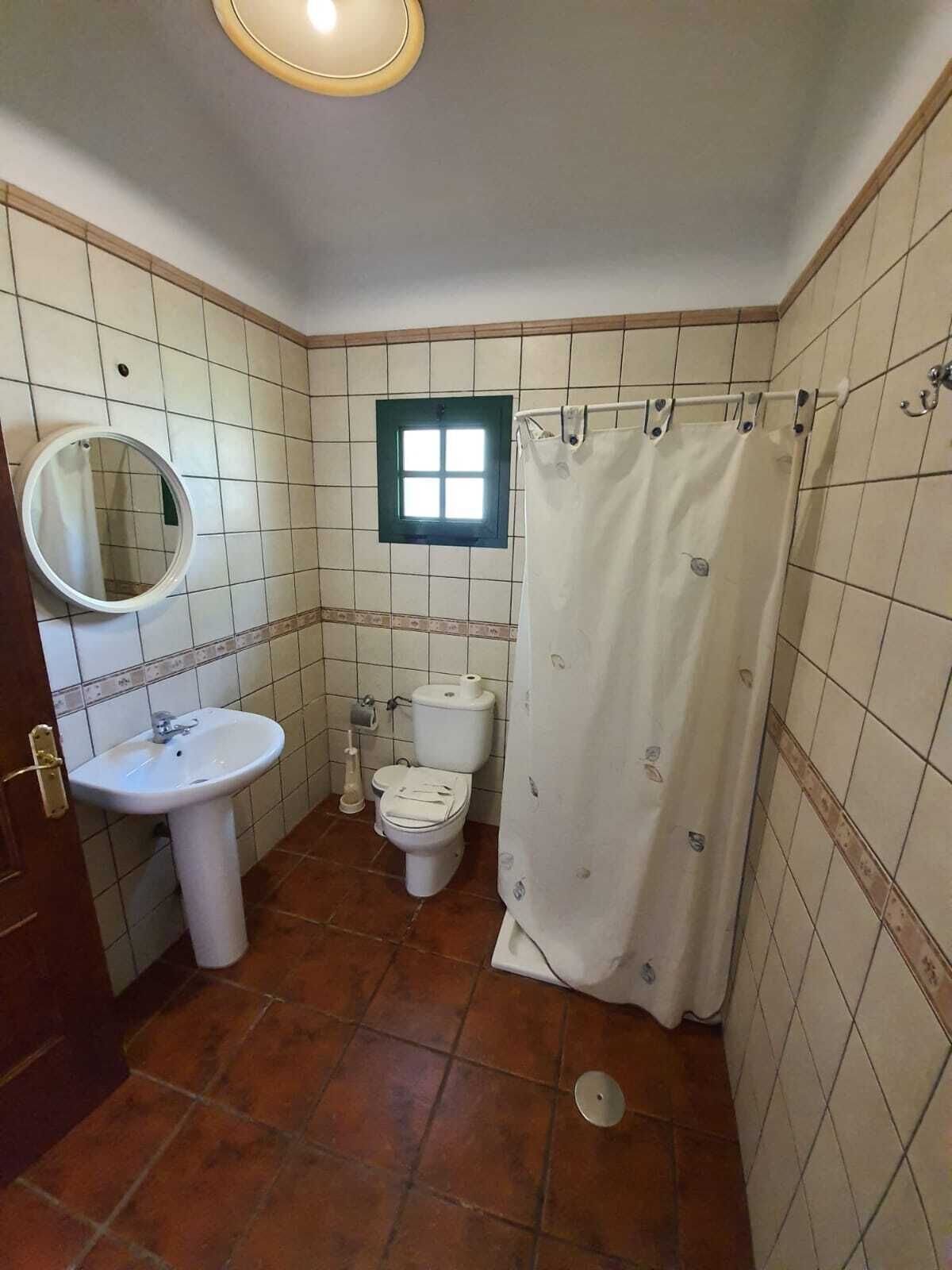 Ein kleines Badezimmer mit Waschbecken, Toilette und Duschvorhang.
