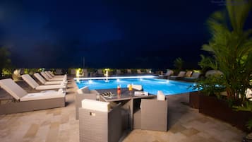 Outdoor pool, pool umbrellas, pool loungers