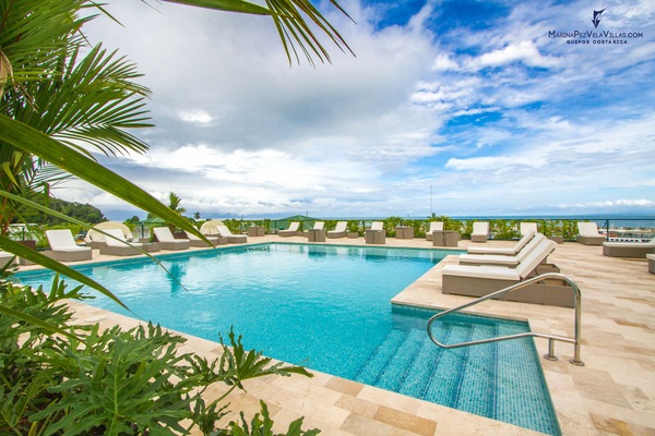 Outdoor pool, pool umbrellas, pool loungers