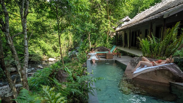 Une piscine entourée d’une végétation luxuriante, une terrasse en bois et un bâtiment à toit de chaume.