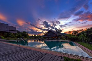 Outdoor pool, pool umbrellas, pool loungers