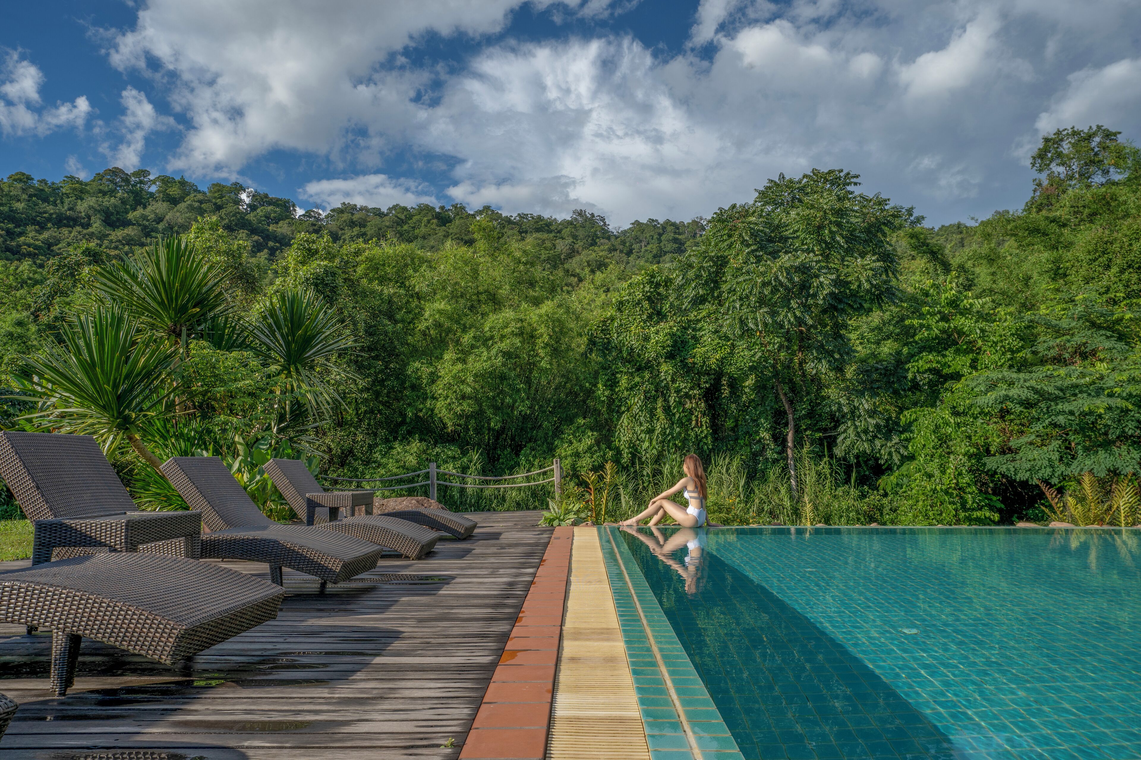 Outdoor pool, pool umbrellas, pool loungers