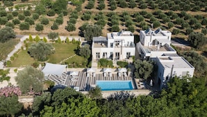 An aerial view of a modern villa with a swimming pool, surrounded by olive groves and greenery. - Eco Villas (Rethymno)