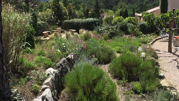 A garden with various plants and a stone wall. - Family Provence Villa in Côte dAzur for 8 (Nans-Les-Pins)