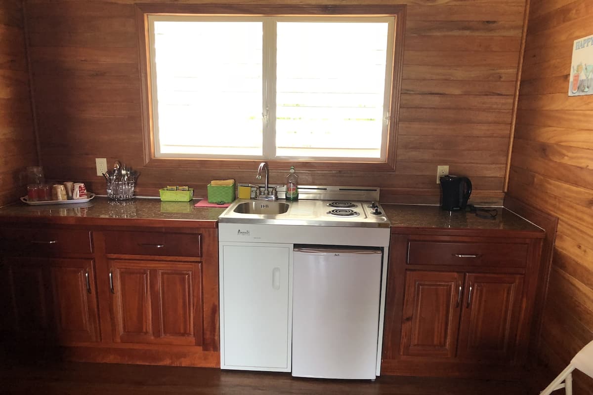A compact kitchen with wooden cabinets, a white dishwasher, and a stove.