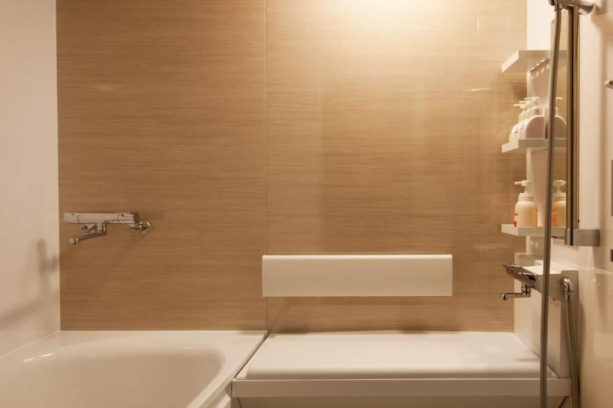 combined shower/bathtub, free toiletries, hair dryer, slippers