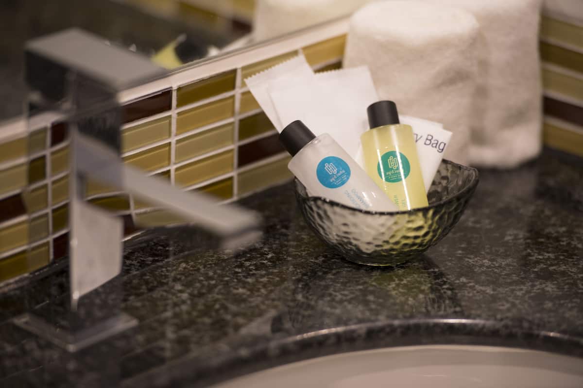 deluxe suite, 1 king bed, non smoking, garden view | bathroom amenities | shower, free toiletries, hair dryer, towels