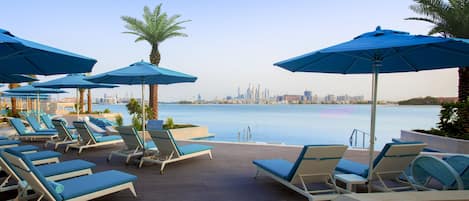 Outdoor pool, pool umbrellas, sun loungers
