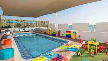 Outdoor pool, pool umbrellas, pool loungers