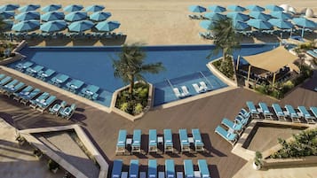 Outdoor pool, pool umbrellas, pool loungers