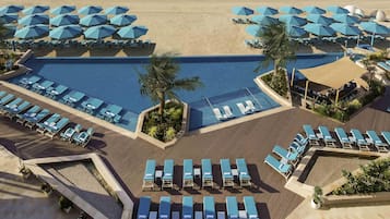 Outdoor pool, pool umbrellas, sun loungers