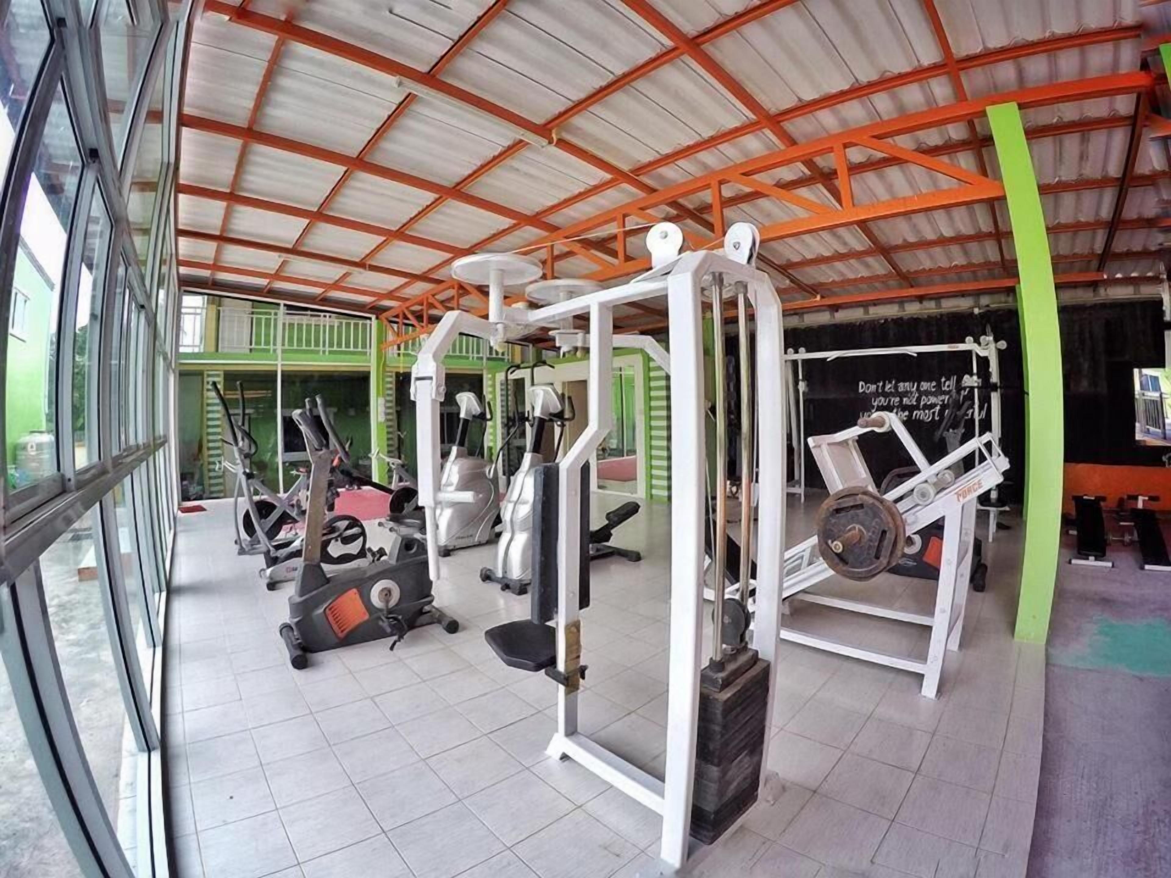 A gym with various exercise machines, a green wall, and a large window.