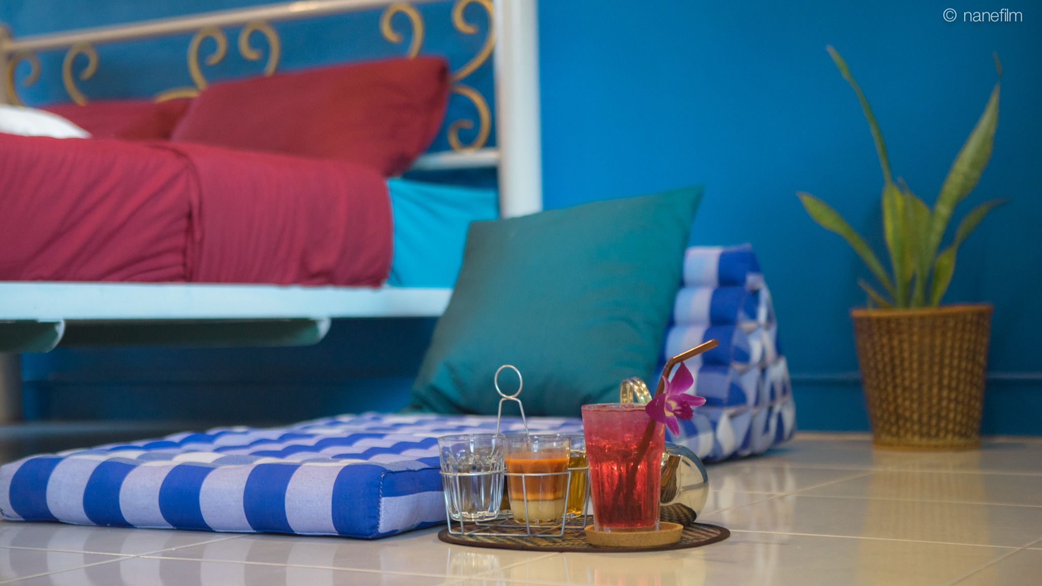 A neatly arranged room with a bed, pillows, a blue and white striped cushion, a small table with drinks, and a potted plant.