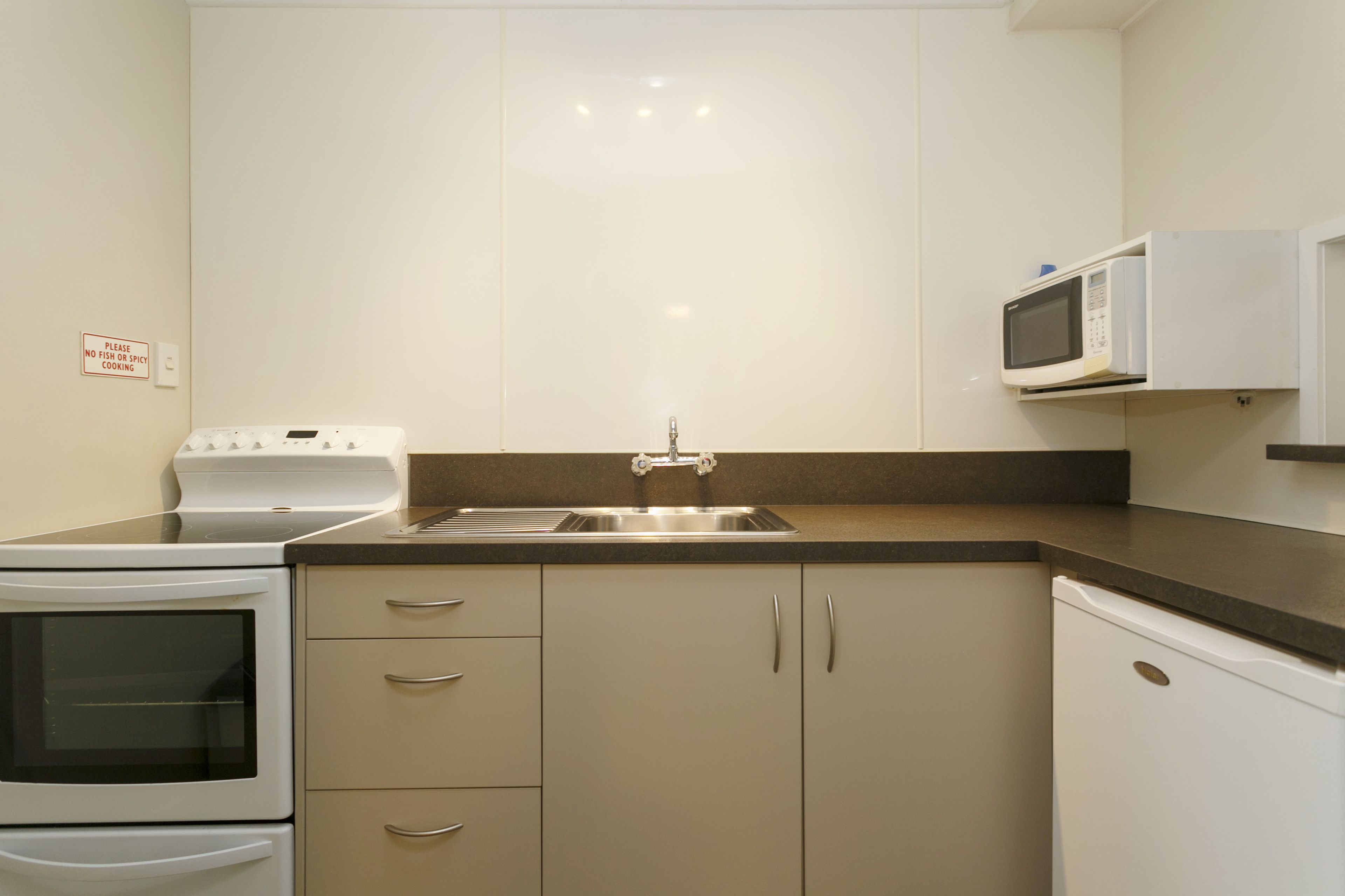 Een keuken met witte kastjes, een roestvrijstalen spoelbak, een magnetron en een vaatwasser.