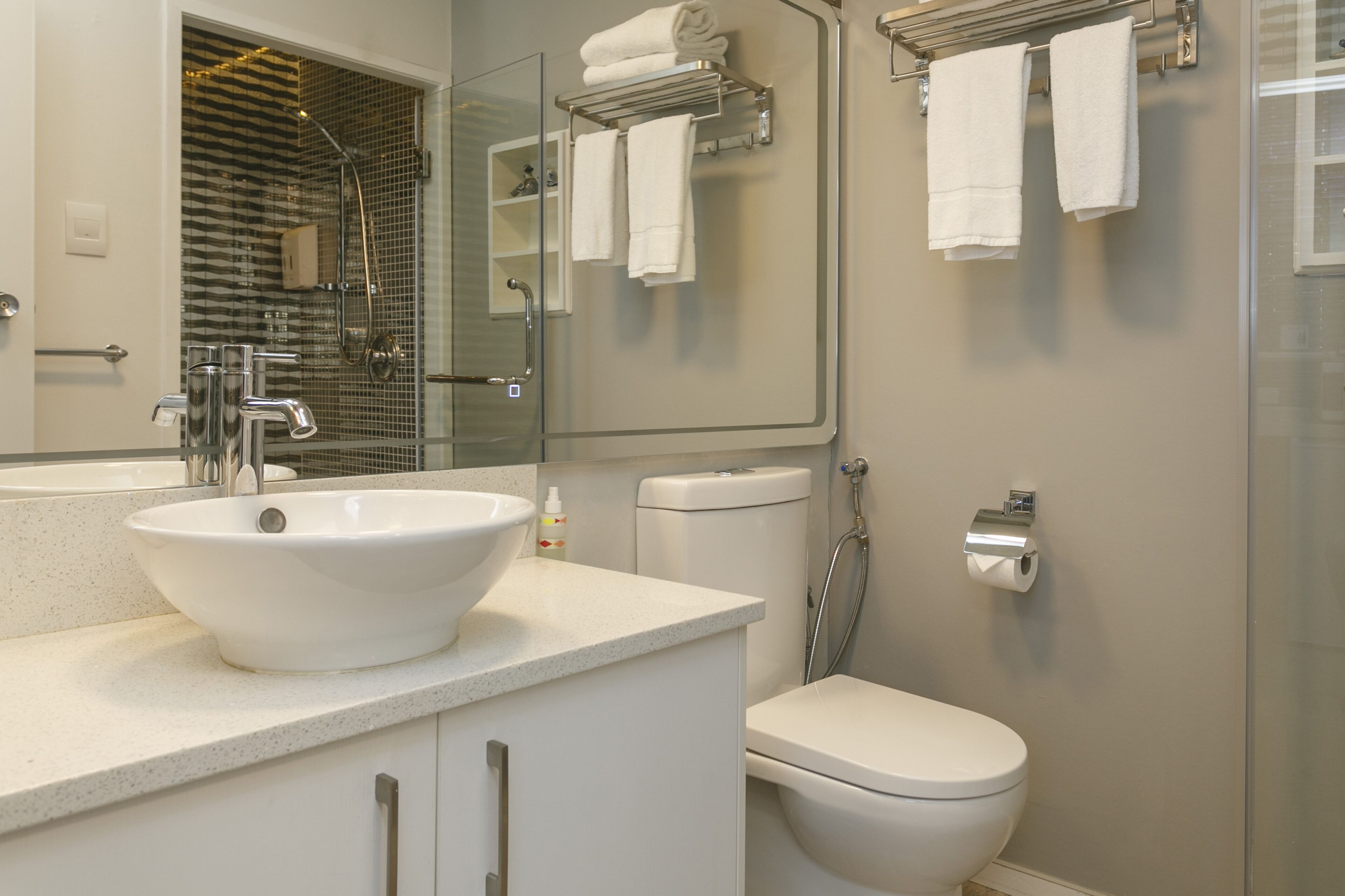 A modern bathroom with a large white sink, a toilet, a glass shower enclosure, and a mirror with a towel rack.